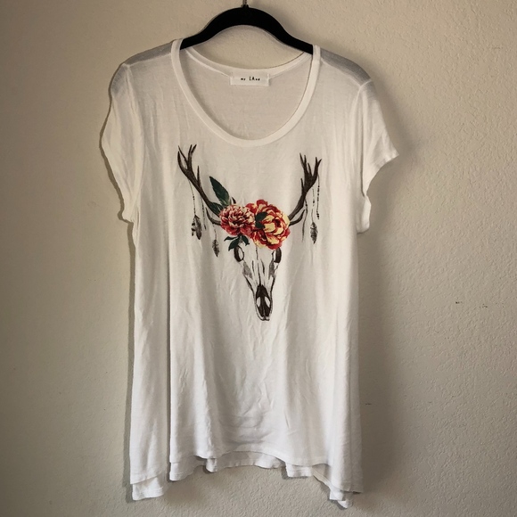 my LAnd Tops - Graphic Floral Bull Head Skull Print Tee Shirt